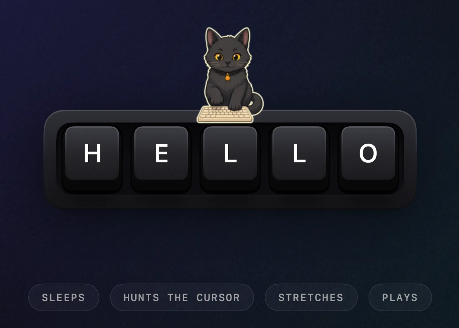 A black cat sitting on a keyboard spelling HELLO