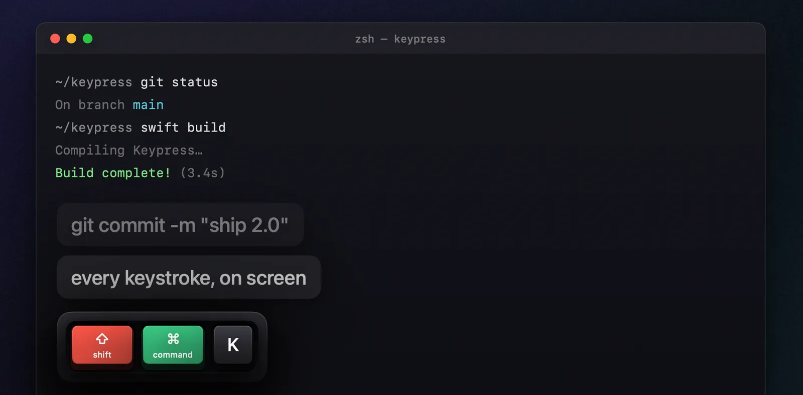 Typed lines stacked above a highlighted keyboard shortcut over a terminal