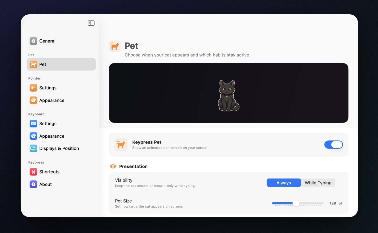 The app's settings window with a sidebar and a live pet preview