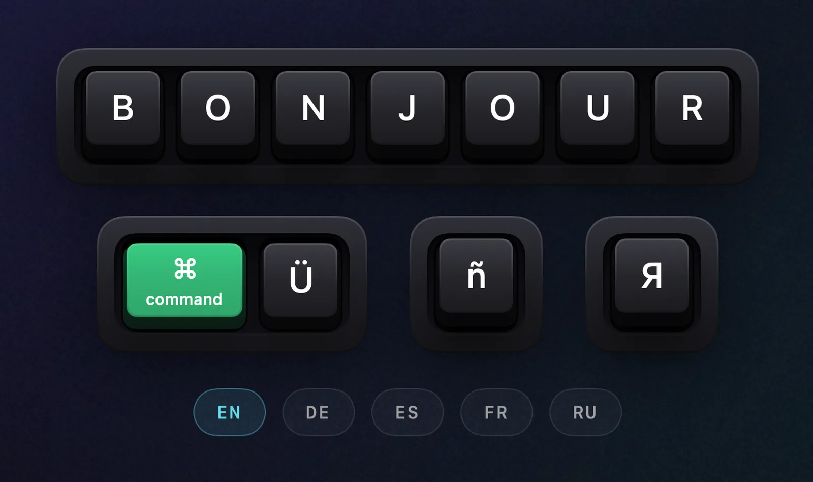 Keycaps spelling BONJOUR alongside umlaut and Cyrillic keys