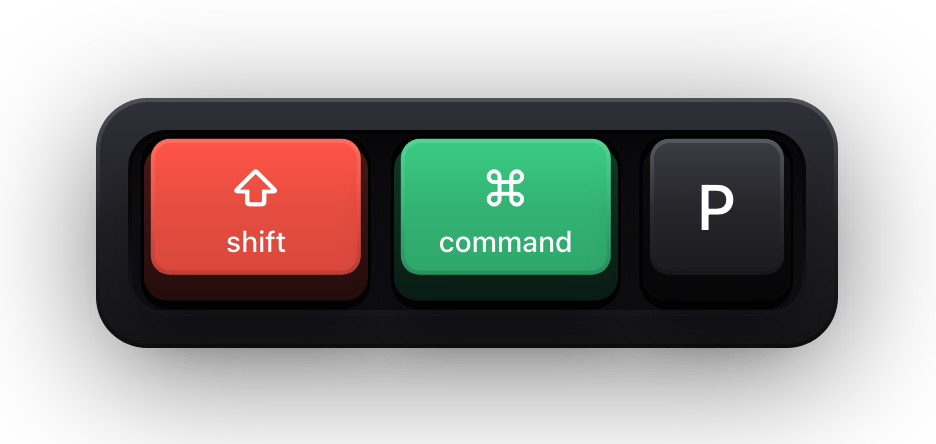 Shift, Command and P shown as mechanical keycaps — the command palette chord used as an example throughout the guides