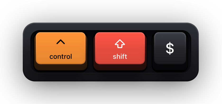 Control, Shift and the dollar sign shown as mechanical keycaps — Excel for Mac's currency format chord