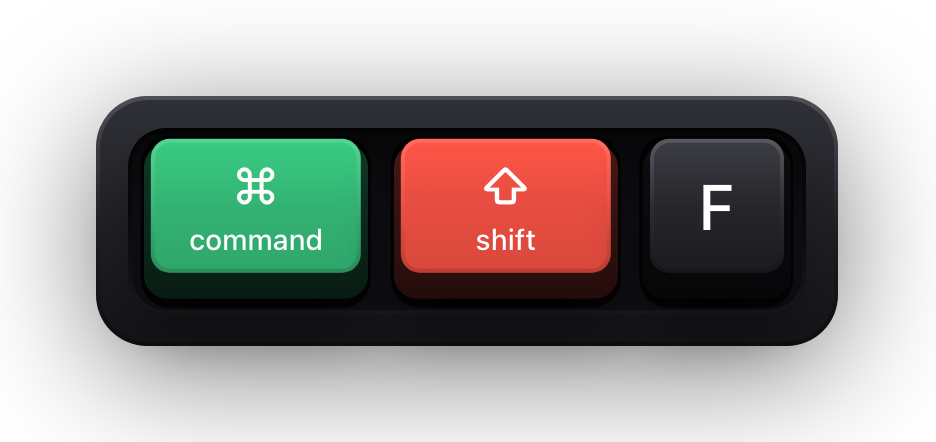 Command, Shift and F shown as mechanical keycaps — searching a whole project rather than one file