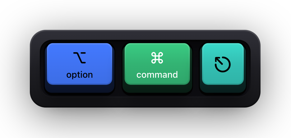 Option, Command and Escape shown as mechanical keycaps — the macOS force quit chord
