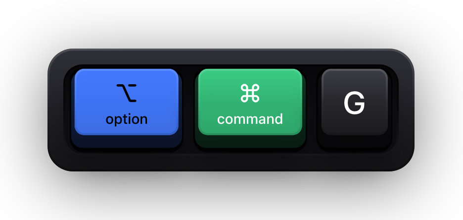 Option, Command and G shown as mechanical keycaps — Keynote's group the selected objects chord