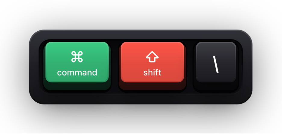 Command, Shift and backslash shown as mechanical keycaps — Linear's insert a code block chord