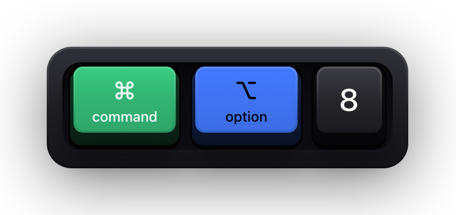 Command, Option and 8 shown as mechanical keycaps — Notion's turn the block into a code block chord
