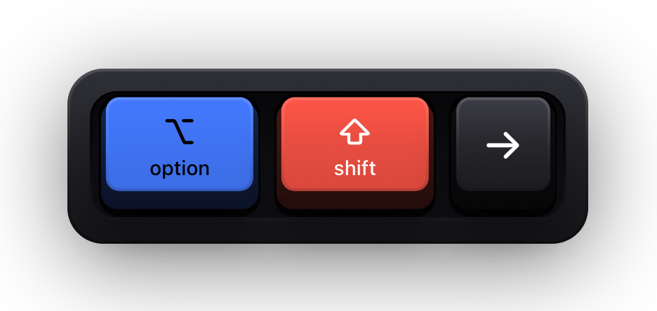 Option, Shift and the right arrow shown as mechanical keycaps — Obsidian's extend the selection to the end of the next word chord