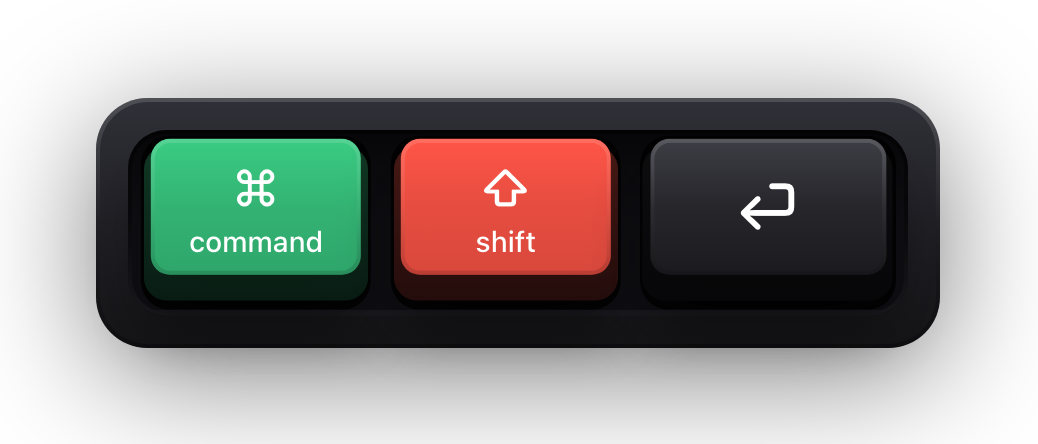 Command, Shift and Return shown as mechanical keycaps — PowerPoint's switch to the slide show chord