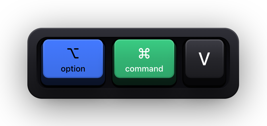 Option, Command and V shown as mechanical keycaps — Premiere Pro's paste attributes chord