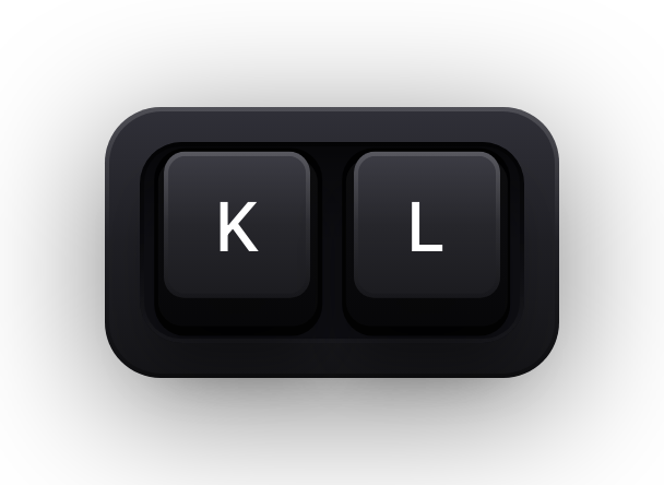 K and L shown as mechanical keycaps — held together for slow-motion playback in DaVinci Resolve