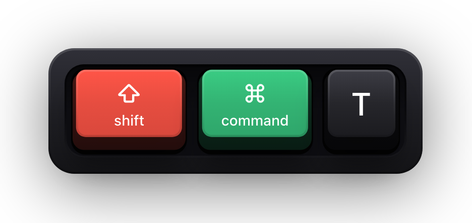 Shift, Command and T shown as mechanical keycaps — Safari's reopen the last closed tab chord