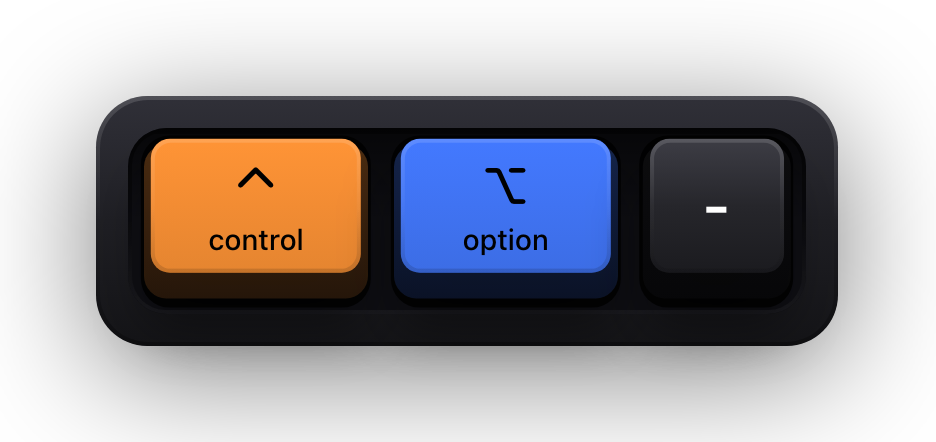 Control, Option and the minus key shown as mechanical keycaps — Show KeyPress's step the overlay down a size shortcut