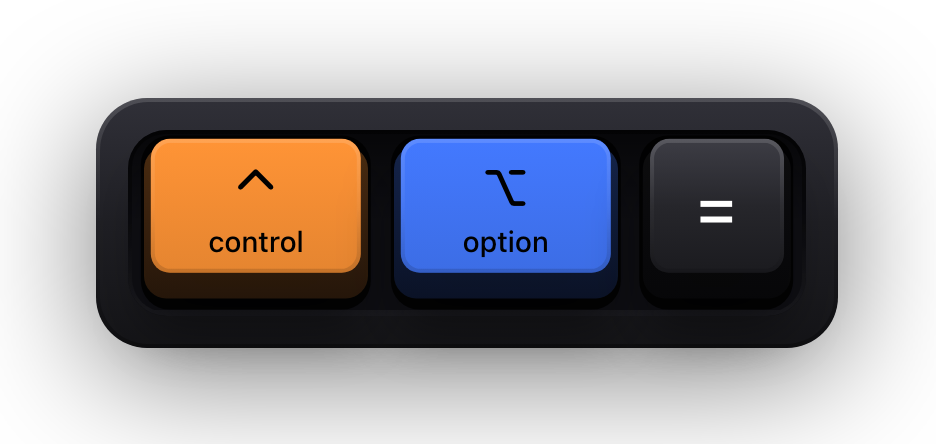 Control, Option and the equals key shown as mechanical keycaps — Show KeyPress's step the overlay up a size shortcut
