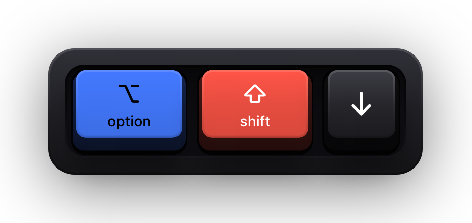 Option, Shift and the down arrow shown as mechanical keycaps — Slack's next unread conversation chord