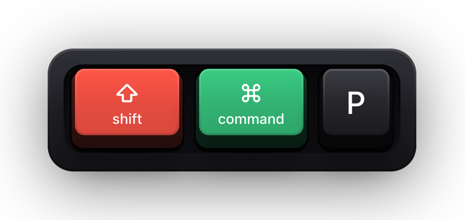 Shift, Command and P shown as mechanical keycaps — VS Code's Command Palette chord