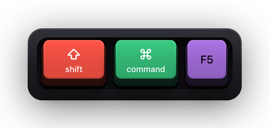 Shift, Command and F5 shown as mechanical keycaps — VS Code's restart the debugging session chord