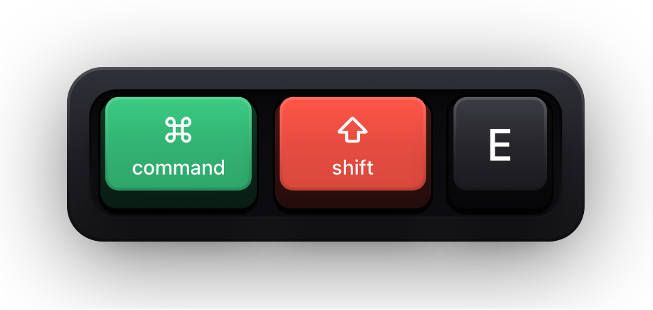 Command, Shift and E shown as mechanical keycaps — Word's track changes on and off chord
