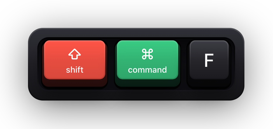 Shift, Command and F shown as mechanical keycaps — Xcode's find in the workspace chord