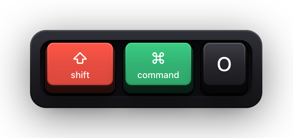 Shift, Command and O shown as mechanical keycaps — Xcode's Open Quickly chord